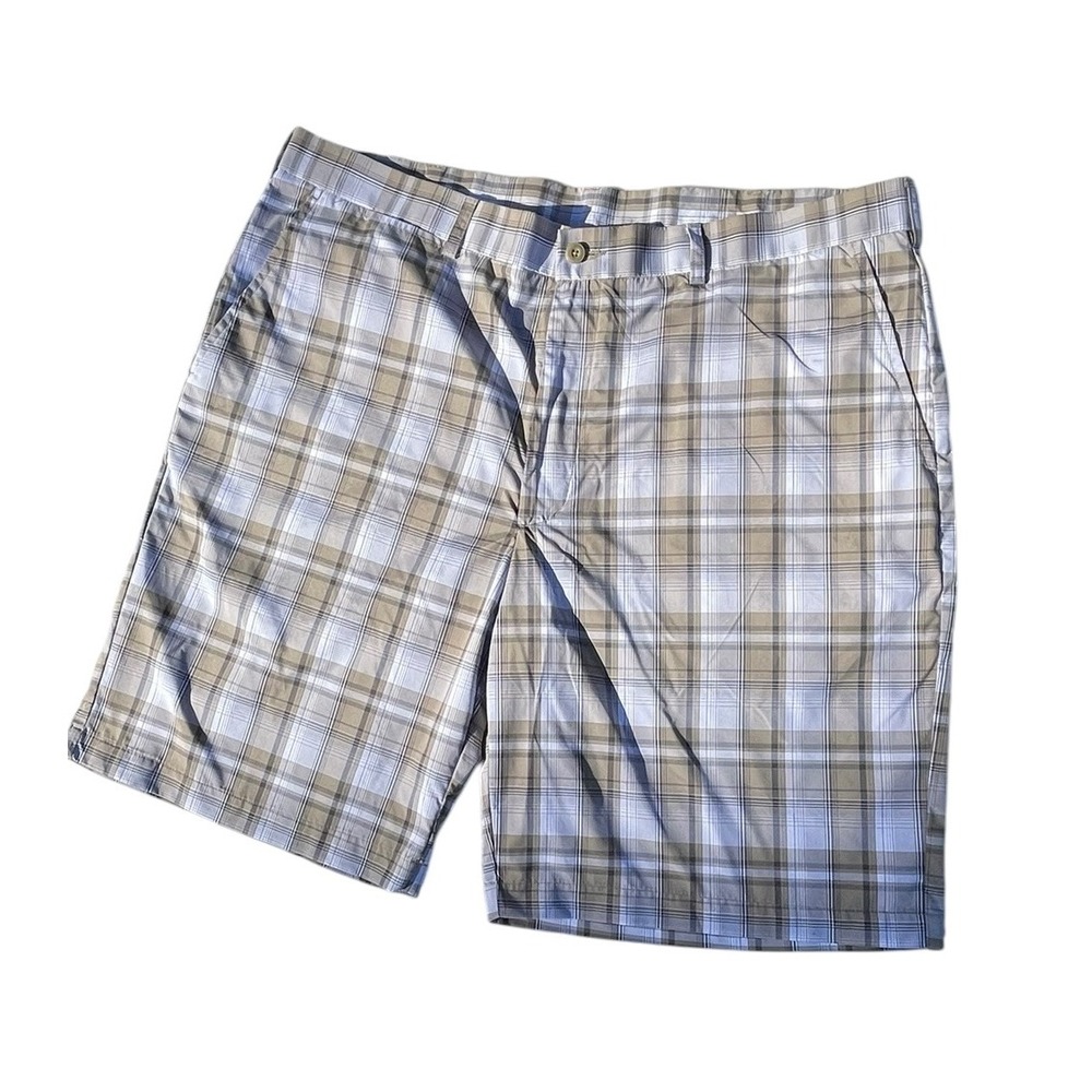 Ben Hogan Performance Mens Plaid Golf Shorts Tan White Blue Size 40‎ Flat Front